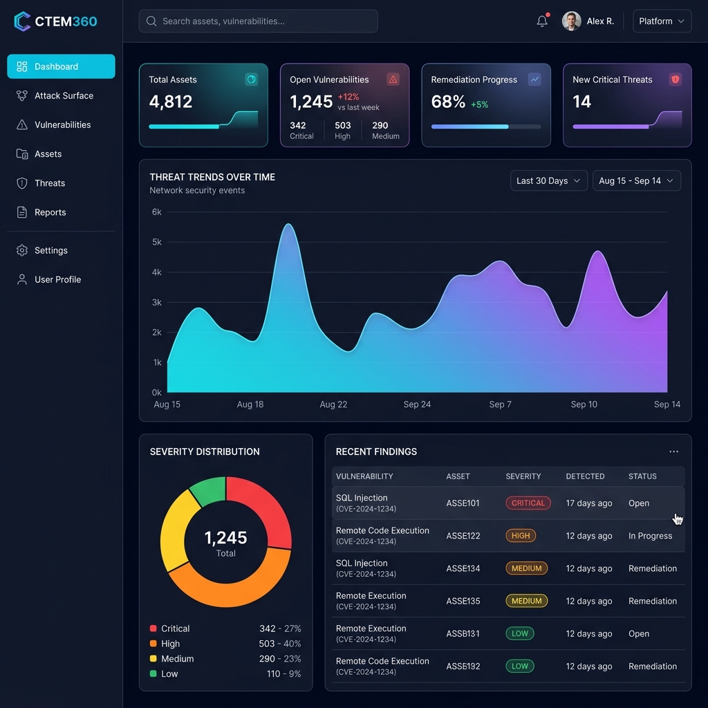 CTEM360 Dashboard showing vulnerability analytics, threat trends, and compliance status